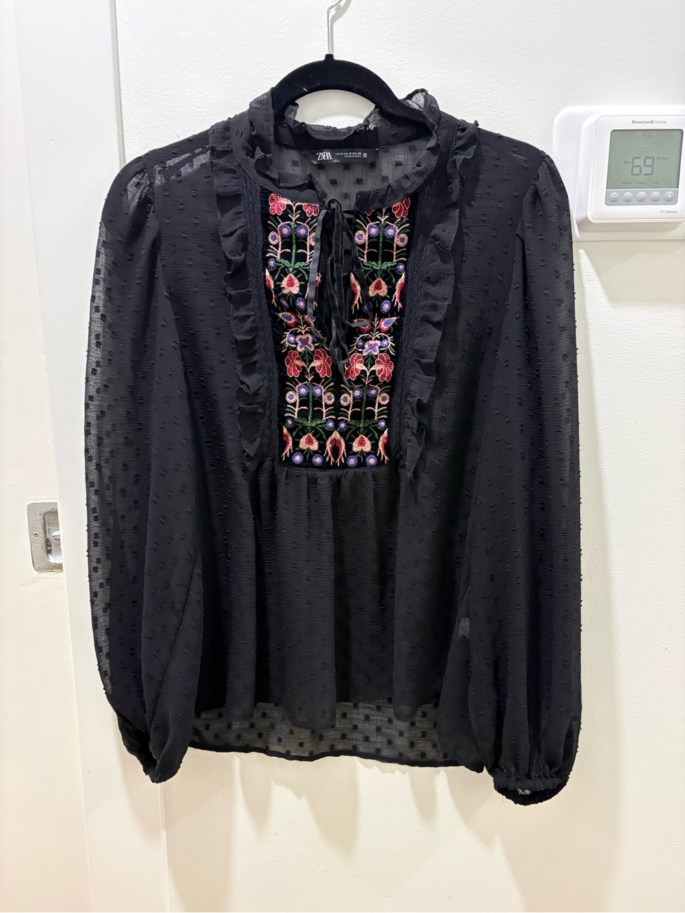 ZARA | Black Sheer Ruffle Blouse with Floral Embroidered Panel